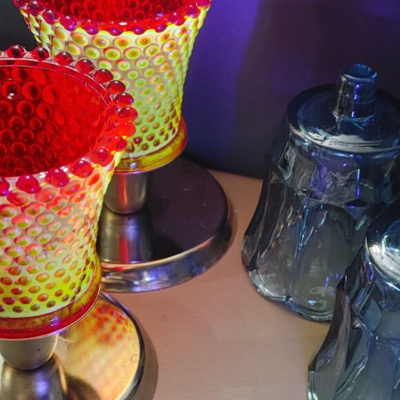 Candle Glass Red Hobnail Blue Tulip Scallop Peg Sconce Votive Holders Gold Base - Picture 11 of 11